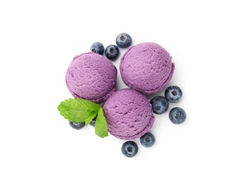 Photo of Tasty sorbet with blueberries and mint isolated on white, top view