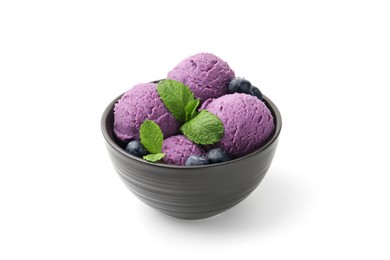 Photo of Tasty sorbet with blueberries and mint isolated on white