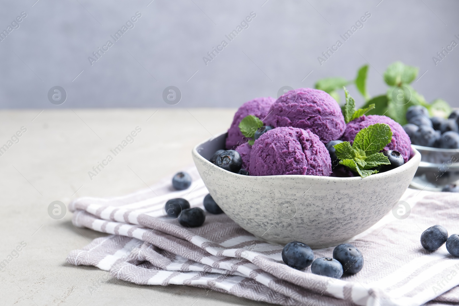 Photo of Tasty sorbet with blueberries and mint on light grey table, closeup. Space for text