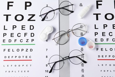 Photo of Vision test charts, glasses, lenses and bottle of medical drops on light grey background, flat lay