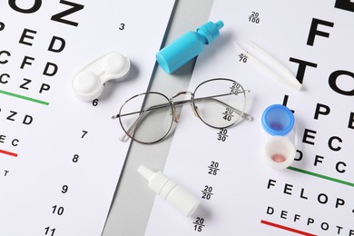 Photo of Vision test charts, glasses, tweezers, lenses and bottles of medical drops on light grey background, above view