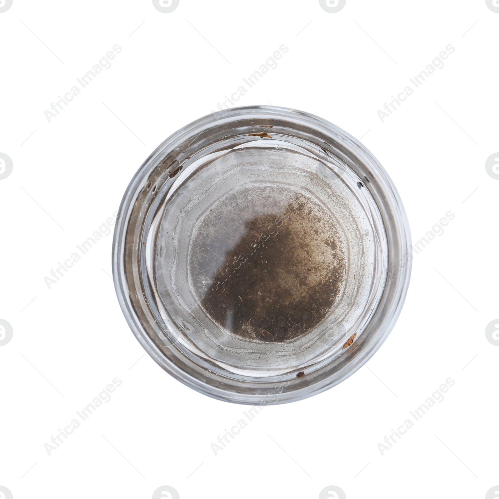 Glass with dirty water isolated on white, top view Photo of Glass with dirty water isolated on white, top view