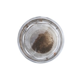 Photo of Glass with dirty water isolated on white, top view