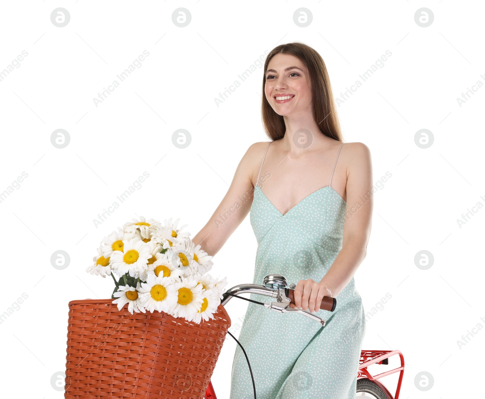 Photo of Smiling woman in dress posing on bicycle with basket of flowers against white background
