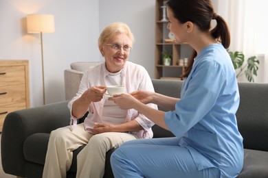 Photo of Nurse giving cup of drink to senior woman indoors. Home health care service