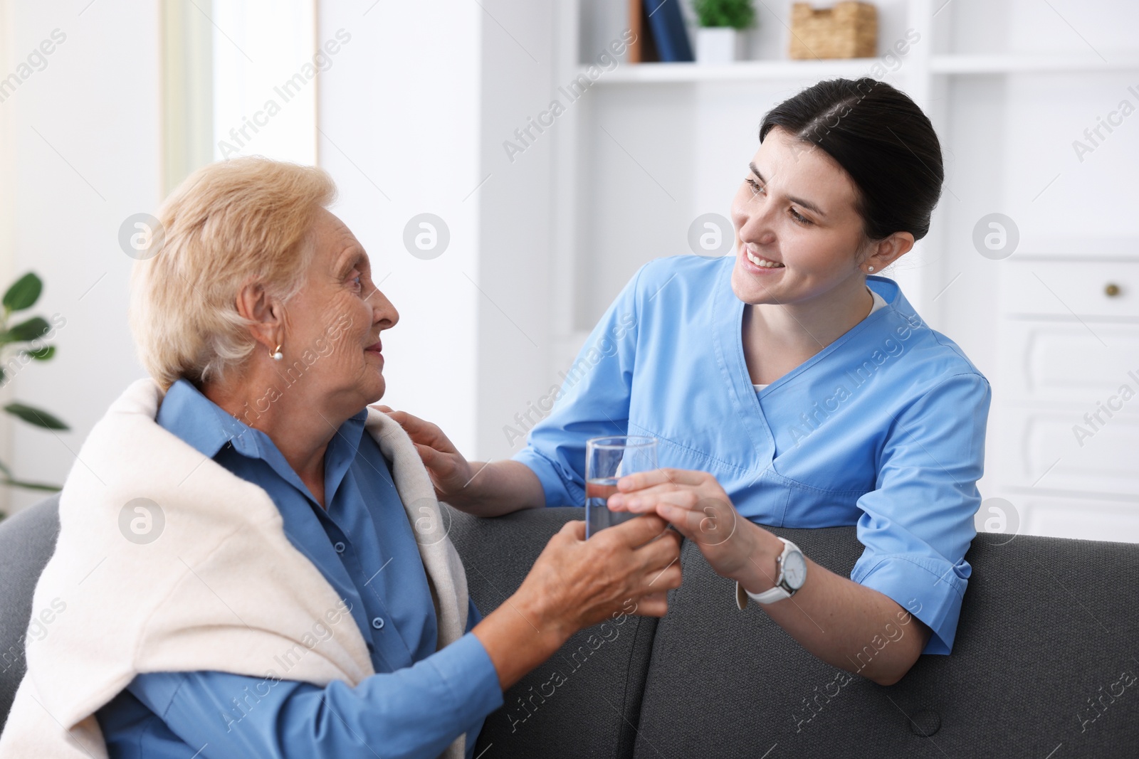 Nurse giving glass of water to senior woman indoors. Home health care service Photo of Nurse giving glass of water to senior woman indoors. Home health care service