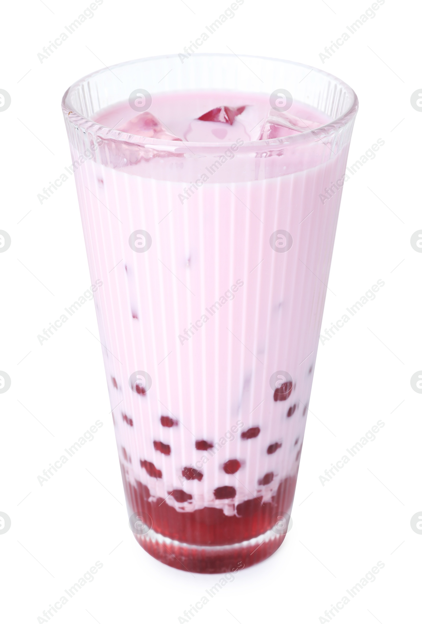 Tasty milk bubble tea in glass isolated on white Photo of Tasty milk bubble tea in glass isolated on white