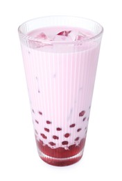 Photo of Tasty milk bubble tea in glass isolated on white