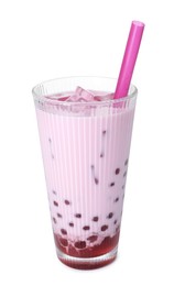 Photo of Tasty milk bubble tea in glass isolated on white