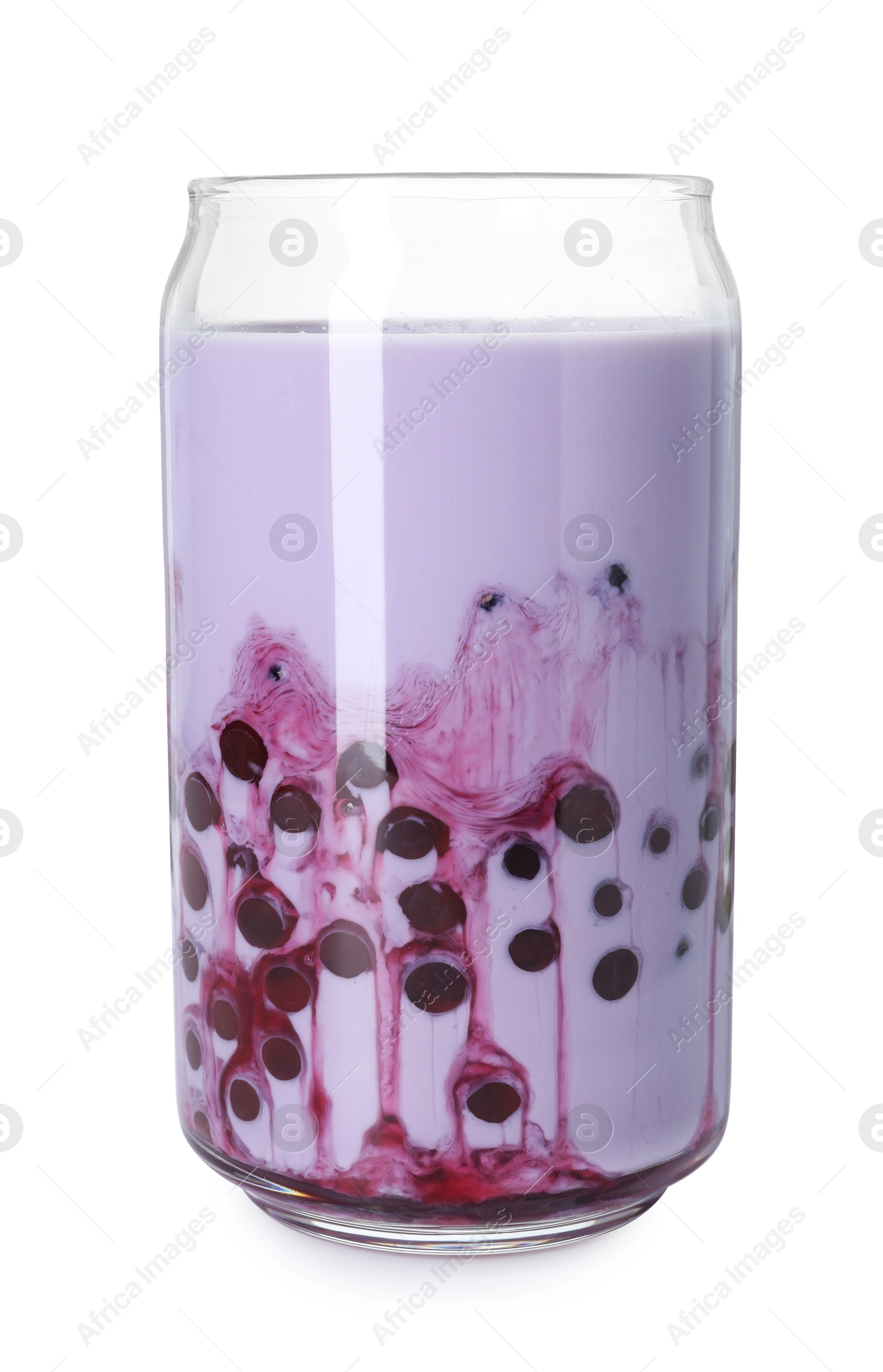 Photo of Tasty milk bubble tea in glass isolated on white