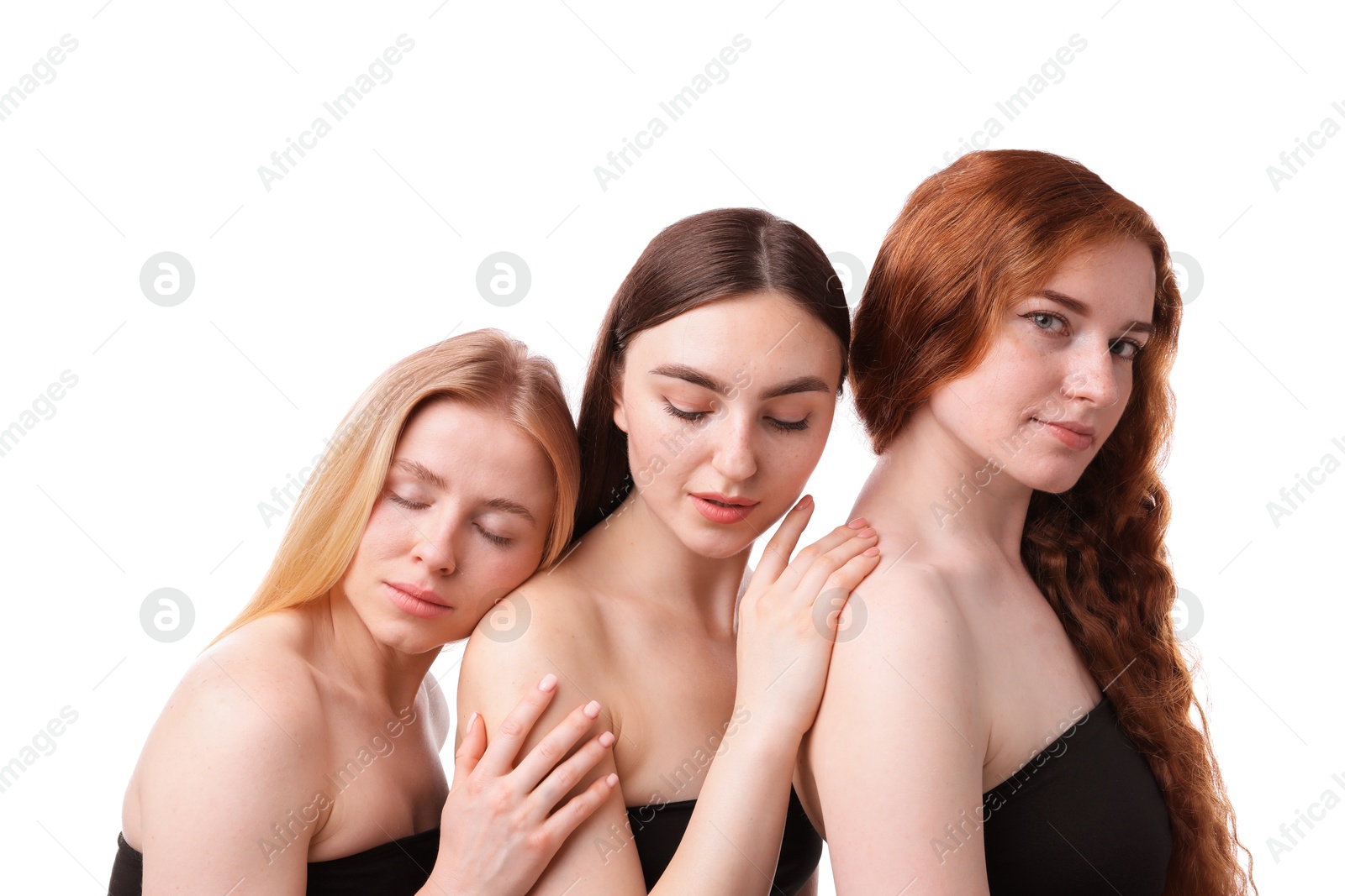 Beautiful women with different hair colors on white background Photo of Beautiful women with different hair colors on white background