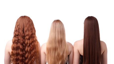Photo of Women with different hair colors on white background, back view