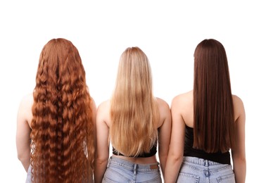 Photo of Women with different hair colors on white background, back view