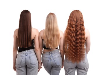 Photo of Women with different hair colors on white background, back view