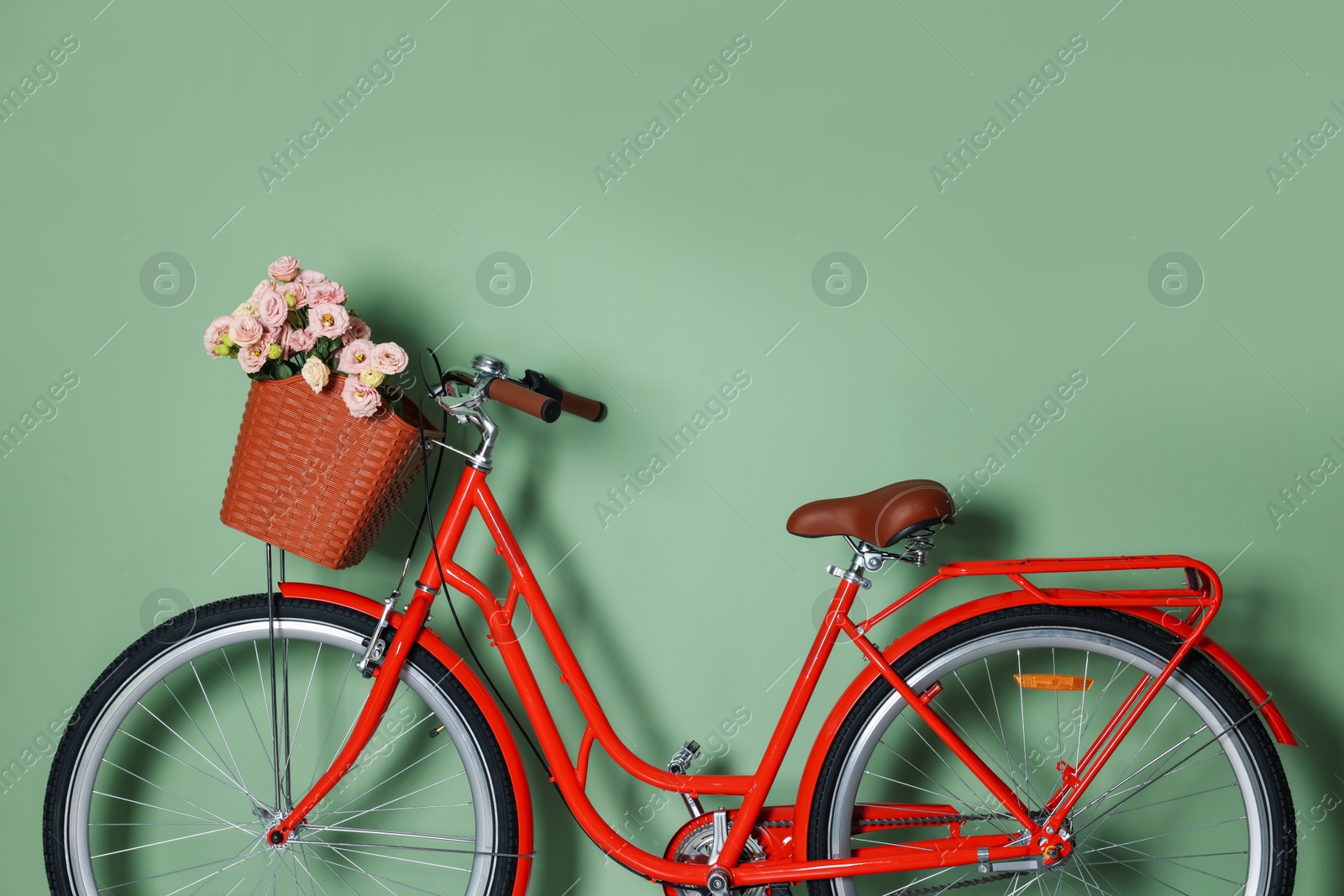 Bicycle with basket of beautiful flowers near light green wall indoors. Space for text Photo of Bicycle with basket of beautiful flowers near light green wall indoors. Space for text
