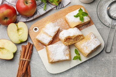 Photo of Pieces of tasty apple strudel with powdered sugar and mint on light grey table, flat lay