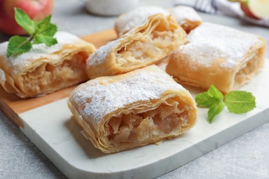Photo of Pieces of tasty apple strudel with powdered sugar and mint on light grey table, closeup