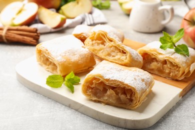 Photo of Pieces of tasty apple strudel with powdered sugar and mint on light grey table, closeup