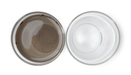 Photo of Glasses with clean and dirty water isolated on white, top view