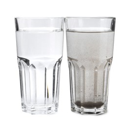 Photo of Glasses with clean and dirty water isolated on white