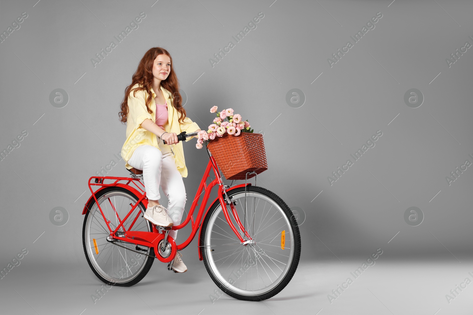 Photo of Beautiful teenage girl riding bicycle with basket of flowers against grey background