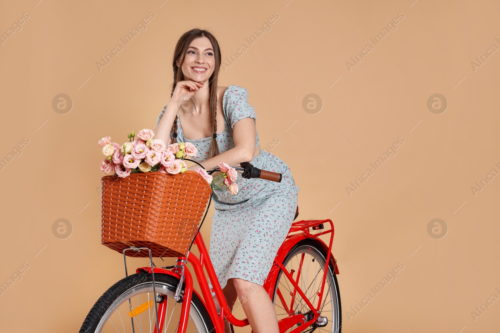 Photo of Smiling woman in dress posing on bicycle with basket of flowers against beige background. Space for text