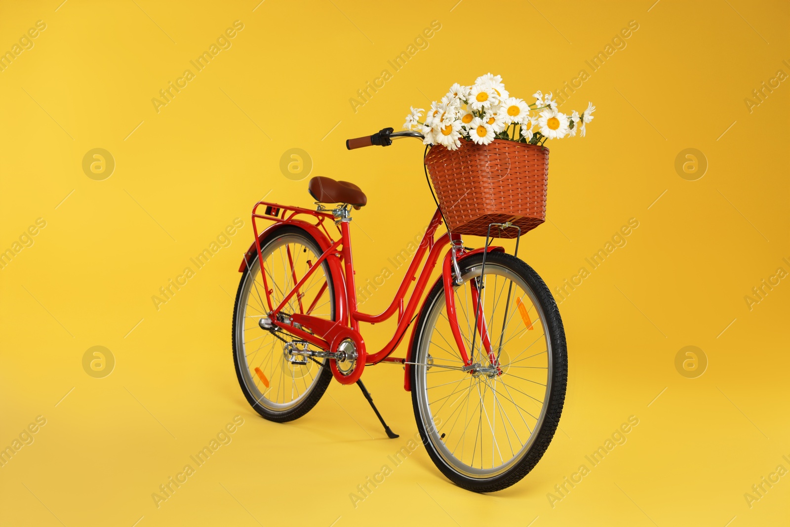 Bicycle with basket of beautiful flowers on yellow background Photo of Bicycle with basket of beautiful flowers on yellow background