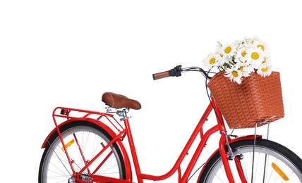 Photo of Bicycle with basket of beautiful flowers isolated on white