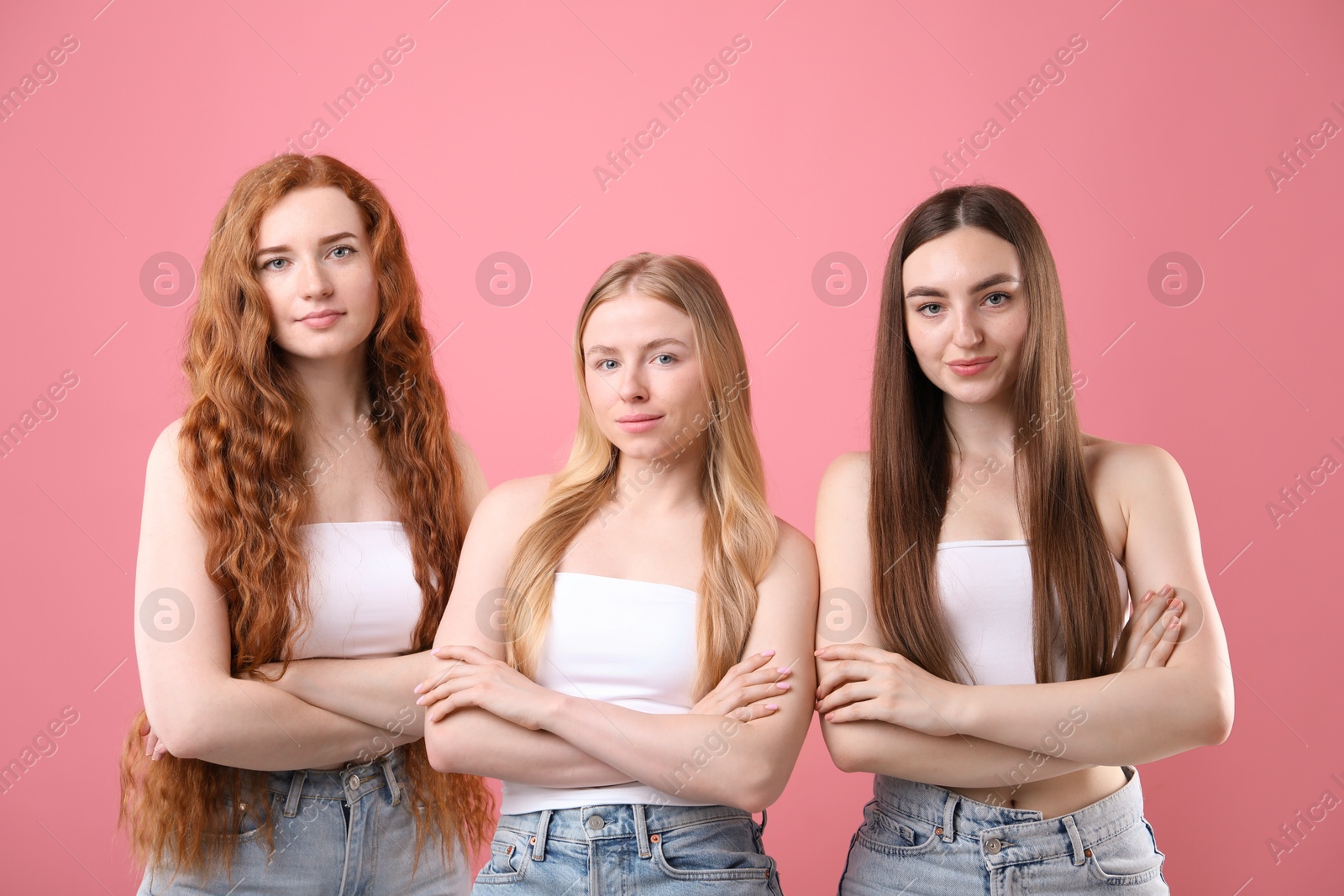 Beautiful women with different hair colors on pink background Photo of Beautiful women with different hair colors on pink background