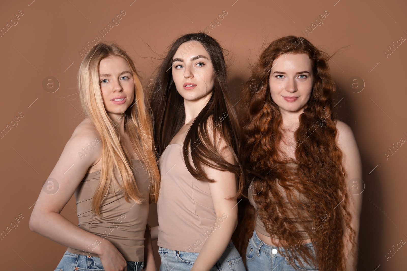 Beautiful women with different hair colors on dark beige background Photo of Beautiful women with different hair colors on dark beige background
