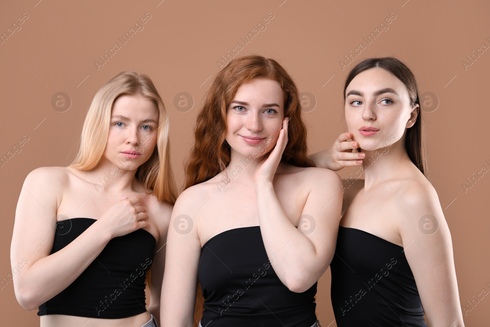 Beautiful women with different hair colors on dark beige background Photo of Beautiful women with different hair colors on dark beige background