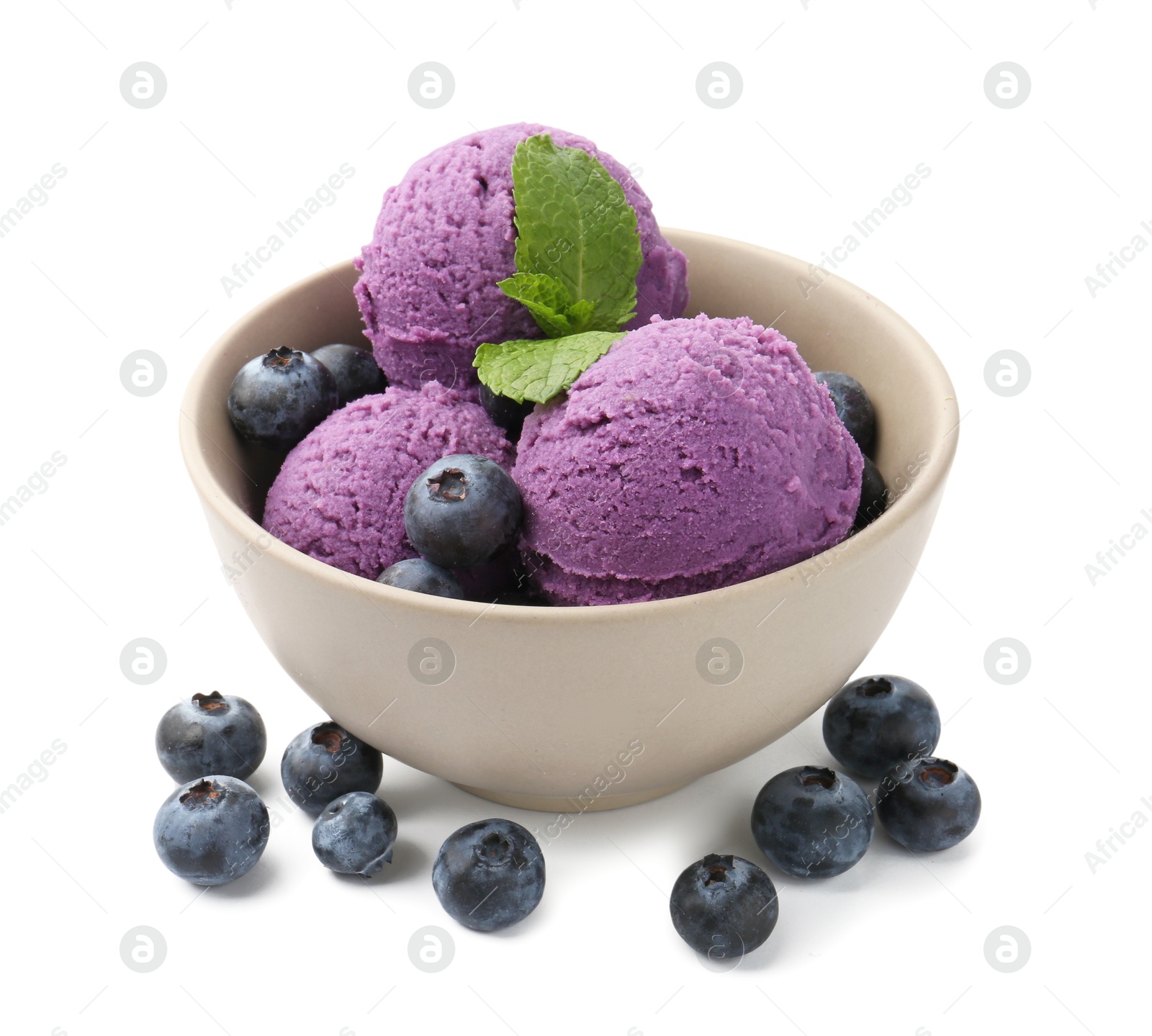 Photo of Tasty sorbet with blueberries and mint isolated on white