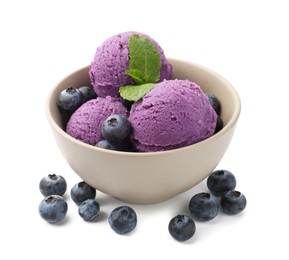 Photo of Tasty sorbet with blueberries and mint isolated on white