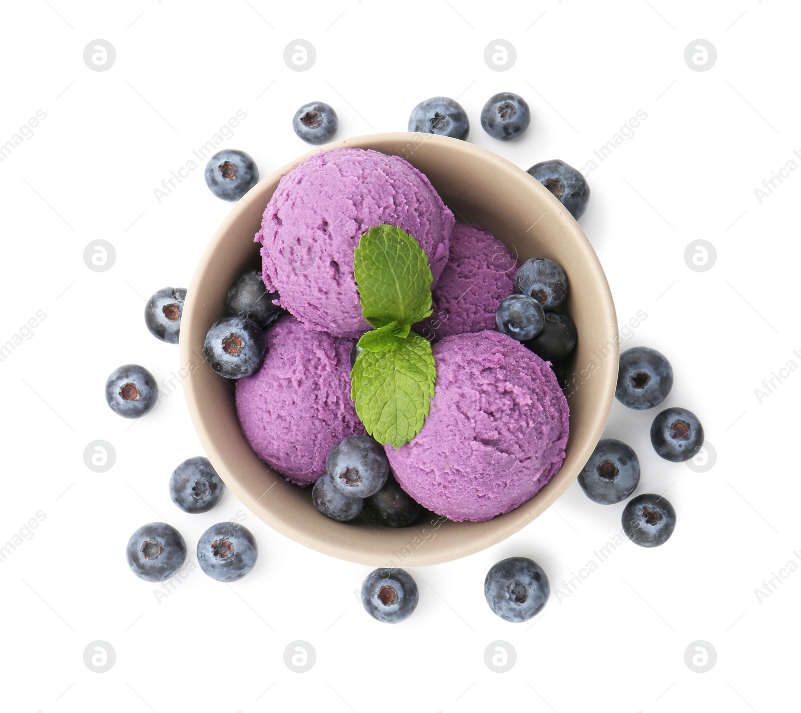 Tasty sorbet with blueberries and mint isolated on white, top view Photo of Tasty sorbet with blueberries and mint isolated on white, top view