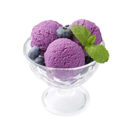 Photo of Tasty sorbet with blueberries and mint isolated on white