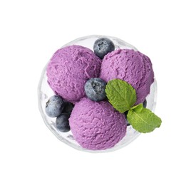 Photo of Tasty sorbet with blueberries and mint isolated on white, top view