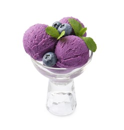 Photo of Tasty sorbet with blueberries and mint isolated on white