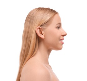Photo of Portrait of beautiful woman on white background