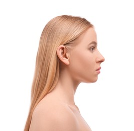 Photo of Portrait of beautiful woman on white background