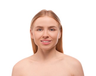 Photo of Portrait of beautiful woman on white background