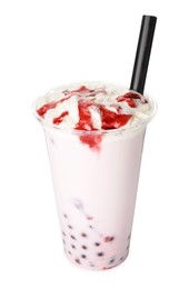 Photo of Tasty milk bubble tea in plastic cup isolated on white