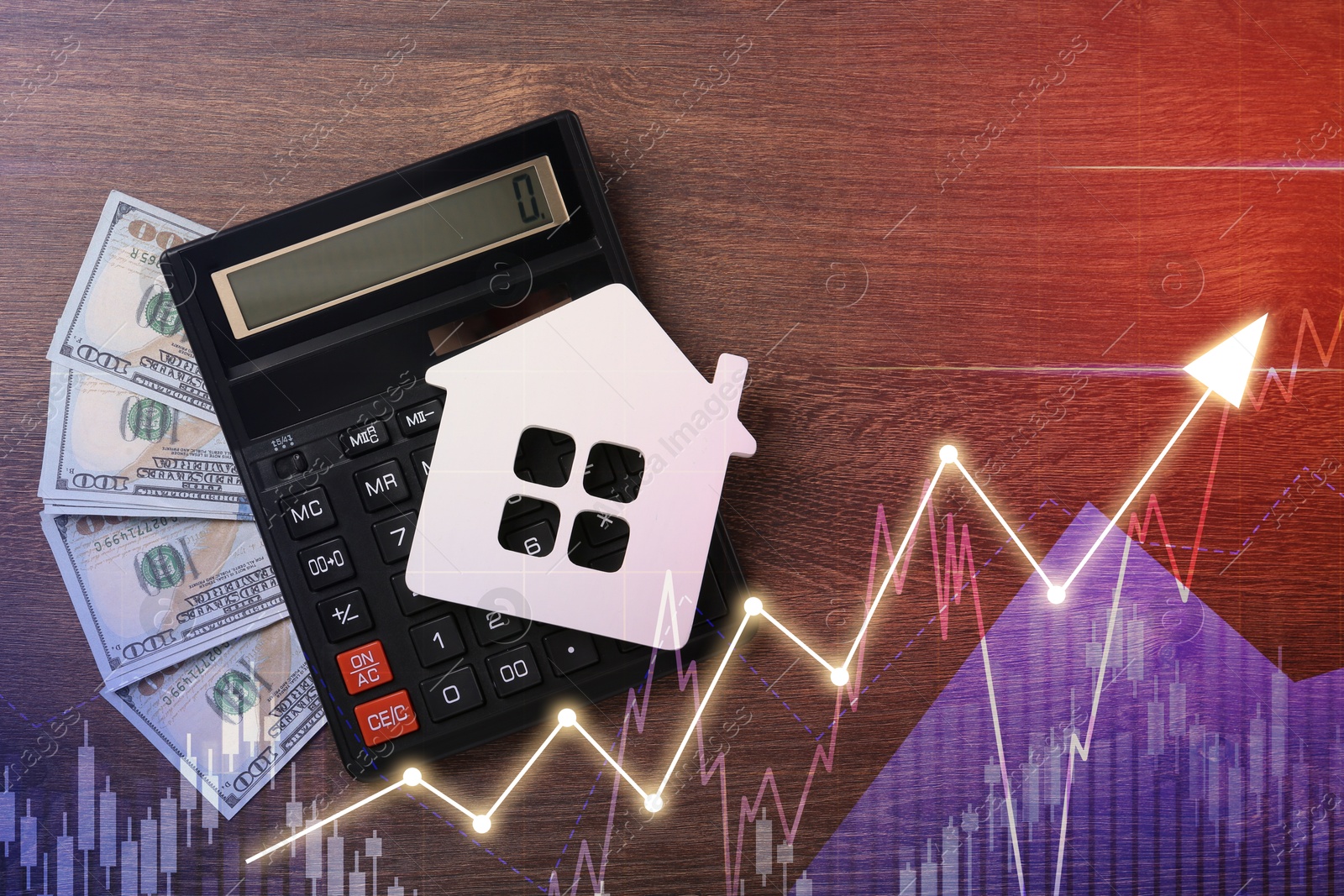 Increase in real estate value. House model, money and calculator on table, top view. Growing price represented by graph and arrow Image of Increase in real estate value. House model, money and calculator on table, top view. Growing price represented by graph and arrow