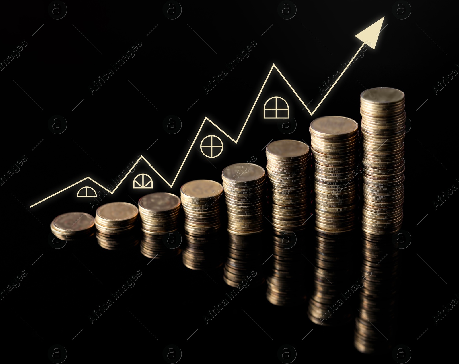 Increase in real estate value. Stacked coins and arrow in shape of house roofs on black background Image of Increase in real estate value. Stacked coins and arrow in shape of house roofs on black background