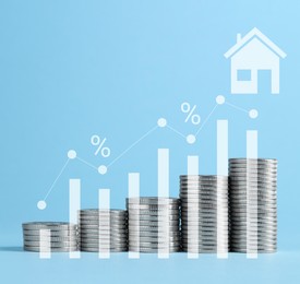 Image of Increase in real estate value. Stacked coins, house icon, graph and percent signs against light blue background