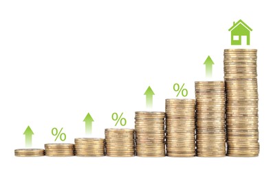 Image of Increase in real estate value. Stacked coins with house icon, arrows and percent signs on white background