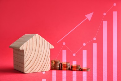 Image of Increase in real estate value. House model and coins on color background. Growing price represented by graph and arrow