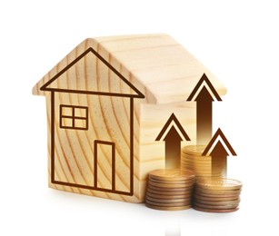 Image of Increase in real estate value. House model and coins on white background. Growing price represented by arrows