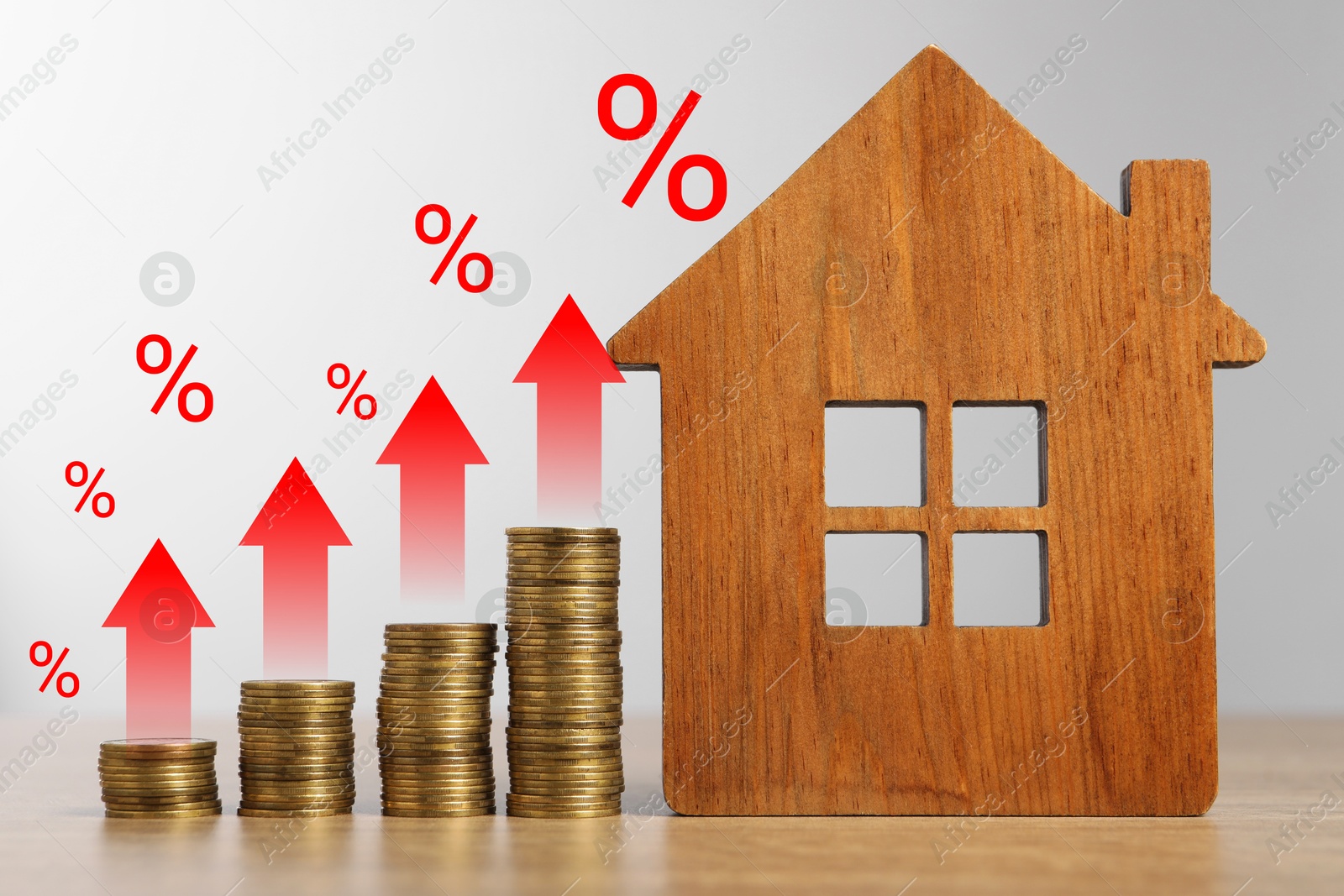 Increase in real estate value. House model and coins on table. Growing price represented by arrows and percent signs Image of Increase in real estate value. House model and coins on table. Growing price represented by arrows and percent signs