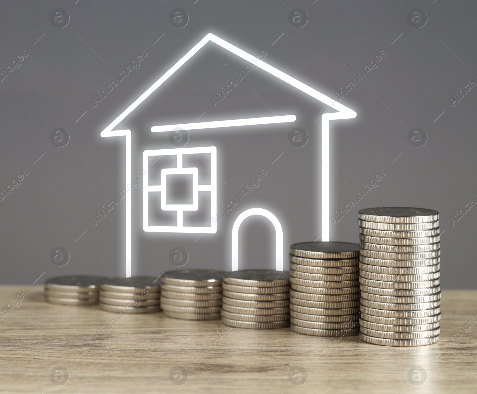 Increase in real estate value. Stacked coins and illustration of house against grey background Image of Increase in real estate value. Stacked coins and illustration of house against grey background