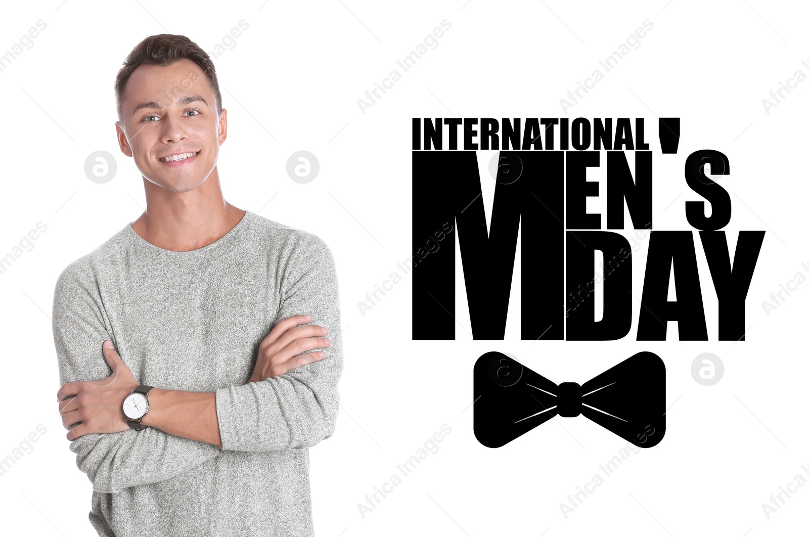 Image of International Men's Day card with bowtie illustration. Happy man on white background